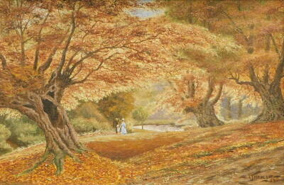 L.J. Heslop. Family in woodland landscape, oil on board, signed and dated (19)86, 29.5m x 45cm.