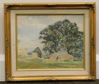 James Stuart Webster. Corner of a Suffolk Farm, oil on board, signed and titled verso, 24cm x 29cm. - 2