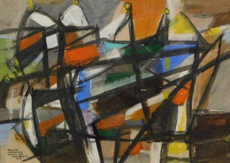 M.P.P. Newlyn composition orange and green boats, watercolour, initialled and titled, 20cm x 19cm.