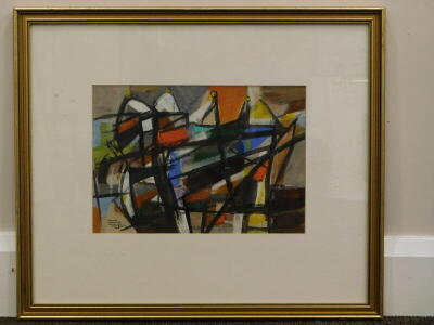 M.P.P. Newlyn composition orange and green boats, watercolour, initialled and titled, 20cm x 19cm. - 2