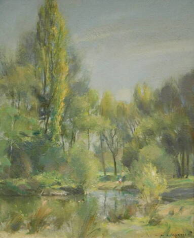 D.J. Curtis. River landspace with figures, oil on board, signed and dated (19)96, 29.5cm x 24.5cm.