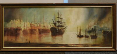 John Bampfield (b.1947). Masted ships in harbour, oil on canvas, signed, 44.5cm x 120.5cm. - 2