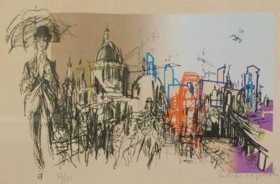 Feliks Topolski (1907-1989). The City, London, artist signed lithographic print 36/150, 46.5cm x 62cm.