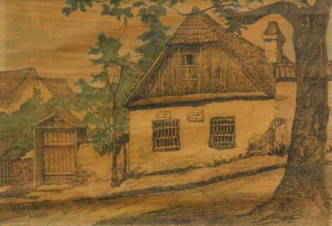 Continental School. Artist signed and titled etching, 16cm x 21cm, and another coloured print. (2)