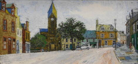 Jerome Hugh Malone. The Square, oil on board, initialled and titled verso, 25.5cm. 54cm. Label verso East Linton Art Competition 1969.