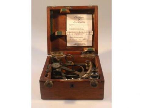 A small 19thC sextant with accessories in fitted mahogany case