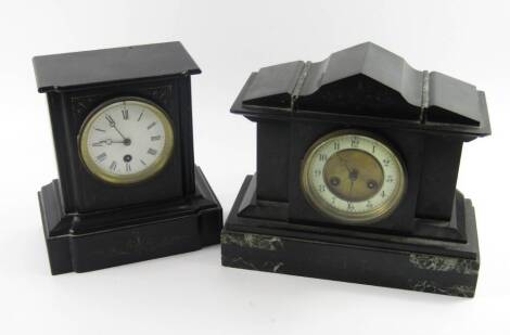 Two Victorian slate mantel clocks, one of architectural form, brass dial, enamel chapter ring bearing Arabic numerals, eight day movement, half hour striking on a coil, 30cm x 13cm x 25.5cm, and the other with white enamel dial bearing Roman numerals, thi