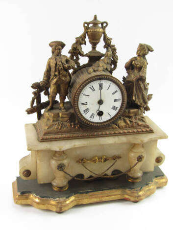 A Continental brass and white marble mantel clock, late 19thC, enamel dial in a drum casing bearing Roman numerals, flanked by figures, raised on a marble casing and brass feet, on a giltwood stand, 31.5cm x 12cm x 34cm.