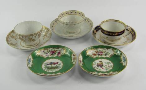 A John Rose Coalport Porcelain tea bowl and saucer, late 18thC, of spiral fluted form with gilt foliate decoration, further tea bowl and saucer, tea cup and saucer and two Samson Chelsea saucers.