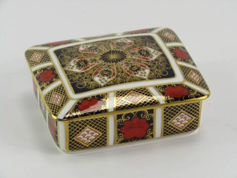 A Royal Crown Derby porcelain Old Imari box and cover, circa 1980, of rectangular form, 11cm x 9.5cm x 4.5cm, second.