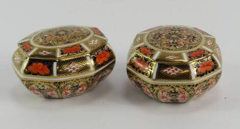 Two Royal Crown Derby porcelain Old Imari trinket boxes and covers, one octagonal, the other oblong octagonal, printed marks.