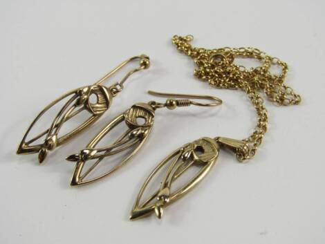 A 9ct gold pendant on chain, and a pair of earrings, Charles Rennie Macintosh style of oval floral form.