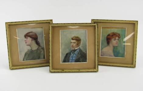 Three miniature portraits, circa 1900, watercolour on ivory, girl facing left, head and shoulders of a lady, and a half length portrait of a gentleman, each 6.5cm x 5cm.