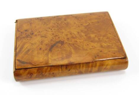 A Victorian burr maple calling card case, 9cm x 7cm.