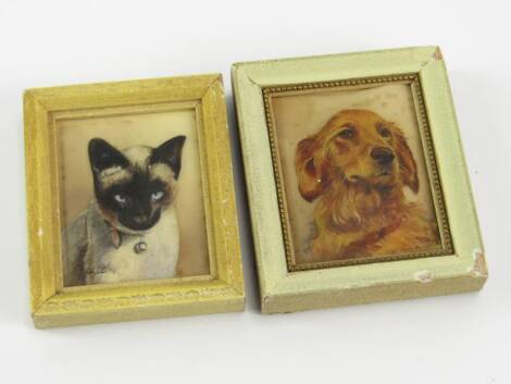 Two animal miniatures, one by B Jones of a Labrador Retriever, the other by SWI of a Siamese cat, 6cm x 5cm.