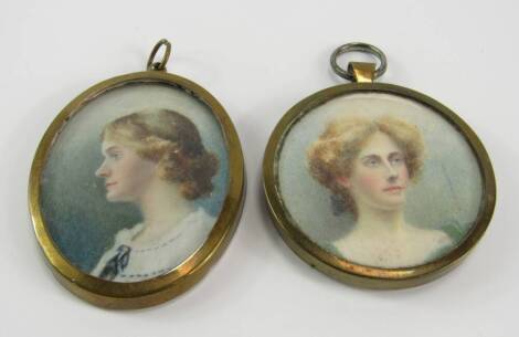 Two portrait miniatures of ladies, circa 1900, watercolour on ivory, one signed, circular 8.5cm diameter, oval 6cm x 4.5cm.