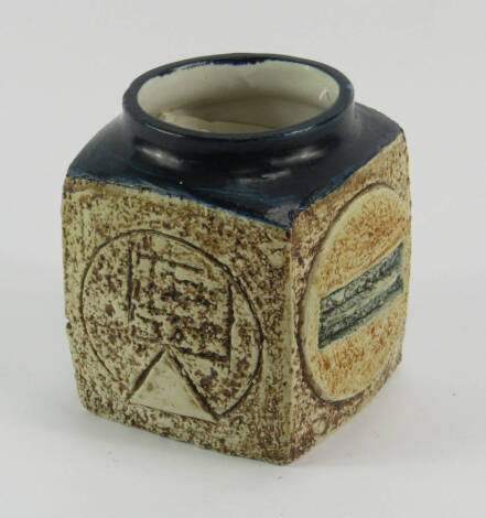 A Troika pottery marmalade pot, decorated with an abstract design against a blue ground, probably by Sue Low, painted mark, 9cm high.