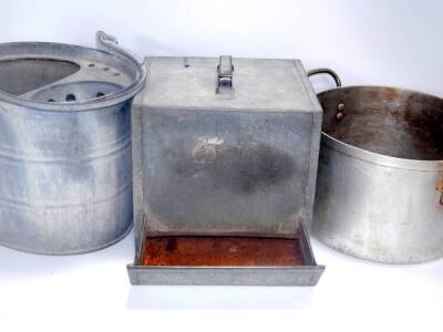 A galvanised metal poultry feeder, 38cm x 28cm x 25cm, together with an E H & S Regina Lye bucket, 30cm high, and a Lune 13.5litre cooking pot, (3).