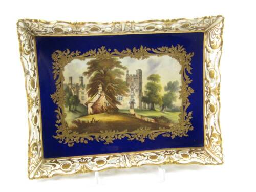 A Bloor Derby porcelain rectangular galleried dish, painted with a sixteenth century manor house against a cobalt blue and gilt foliate ground, printed marks, 23.5cm x 18.5cm, (AF).