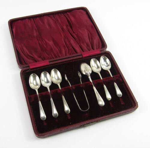 A set of George V silver Old English pattern coffee spoons, and a pair of sugar tongs, cased, Sheffield 1912, 2.41t oz, (AF).