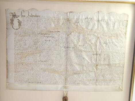 An Elizabeth I indenture with wax seal, framed, 64cm x 77cm.