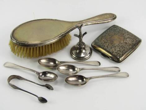 Silver, including George V curvilinear cigarette case, foliate engraved, Birmingham 1921, four teaspoons and a pair of sugar tongs, 5.98t oz, a loaded ring tree, Birmingham 1922, and a silver backed hair brush, Birmingham 1929, (a quantity).