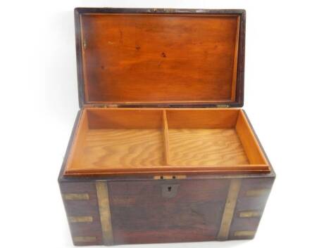 An early 19thC brass bound rosewood campaign box, with sloped top and interior fitted with a single drawer, 36cm wide, 27cm high.