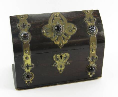 A Victorian domed coromandel stationery box, with engraved brass strap work set with agate cabochons, 24.5cm x 12.5cm x 18.5cm.