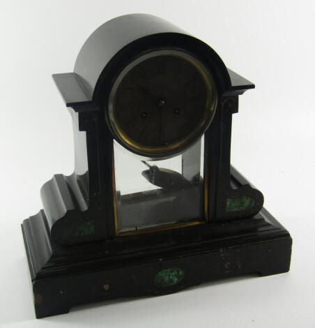 A Victorian slate and malachite inlaid mantel clock, silvered dial bearing Roman numerals, eight day movement, half hour striking a bell, 35.5cm x 15.5cm x 34.5cm.