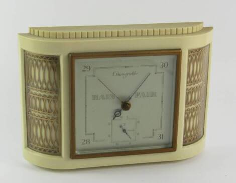 A Smiths white bakelite cased Art Deco barometer, with a square dial, curved casing with gilt grilles, 27cm long.