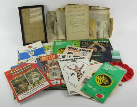 A collection of Rugby and Cricket programmes, including Leicester Tigers from 1980 and including Heineken Cup Final 2002, a Leicester Tigers rosette signed by Clive Woodward, Steve Johnson, Angus Collington, Nick Joyce, Paul Dodge, Tim Barnwell, together 