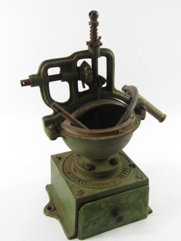 A Leinbrock's Ideal coffee grinder, No 2, D.R.G.M., green metal casing with wooden drawer front, 26cm x 19cm x 43cm.