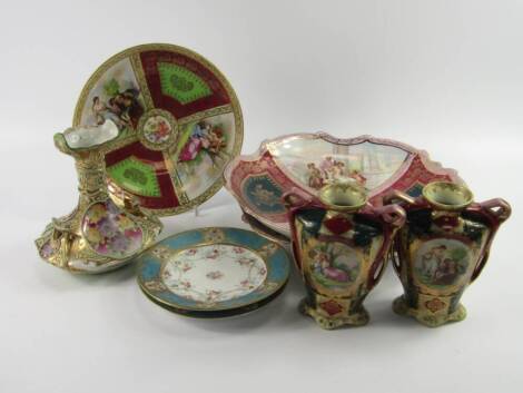 A pair of Victorian porcelain dishes, early 20thC, reserve decorated with panels of classical figures, 34cm diameter, together with a Vienna style dish similarly decorated, a pair of vases, further vase and a pair of Noritake floral plates, (8).