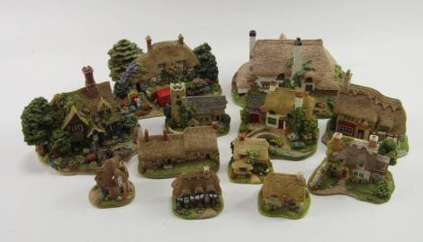 Liliput Lane sculptures, comprising Periwinkle Cottage, 1000 Anniversary Cottage, Penpals and Shades of Summer, Derwent-Le-Dale, Anne Hathaway's Cottage, Grasmere Church, Stitch in Time, The Toy Shop, The Rocking Chair, Good Luck, Dovecote, and Lorna Doon