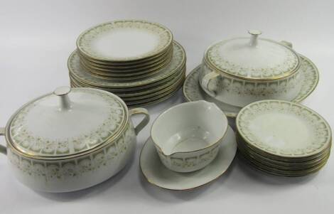 A Noritake Porcelain part dinner service, decorated in the Sonia pattern, comprising oval meat platter, pair of vegetable tureens and covers, sauce boat on integral stand, six dinner, dessert and side plates, (22).