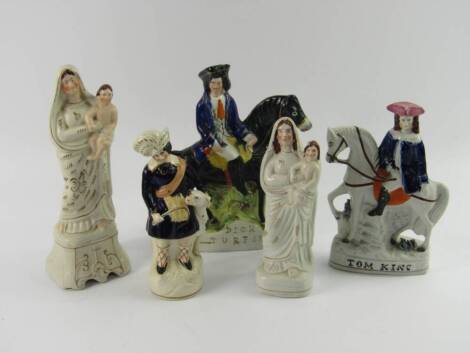 A group of Staffordshire pottery figures, late 19thC, modelled as Dick Turpin, Tom King, two figures of Madonna and child, and the Princess Royal with a dog, (5).