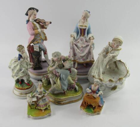 Continental bisque porcelain figures, 19thC, including a bowl with a boy fishing, gallant playing a violin and companion dancing, and a courting couple, (7).