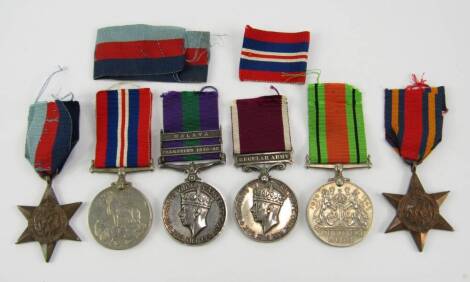 A group of WWII medals, to Sgt W L Denmead, Oxf & Bucks and Int Corps, 5381405, comprising Long Service and Good Conduct Medal, George VI General Service Medal with Malaya and Palestine 1945-48 clasps, Burma Star, 1939-45 Star, Defence and War medals.