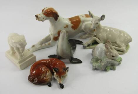 Pottery and porcelain animals, including a Limonosov seal, Mackay Studio recumbent fox, Lladro rabbit and a pottery elephant book end, (6).