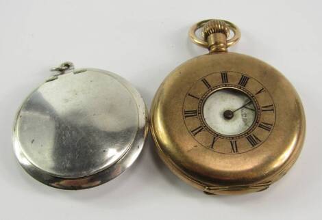 A silver circular case, and gold plated half Hunter pocket watch (2)