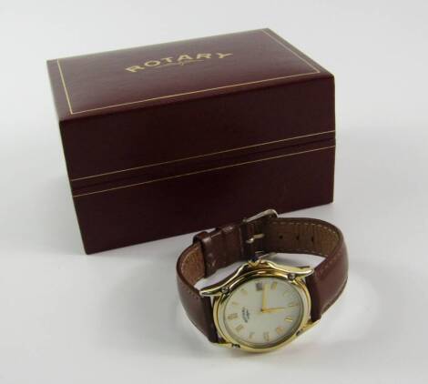 A Rotary gentleman's gold plated wristwatch, circular case, cream dial bearing Roman numerals, date aperture, No 4598, boxed with certificate.