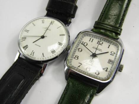 Two gentleman's wristwatches, each in stainless steel case, one with green leather strap the other with brown leather strap, (2).