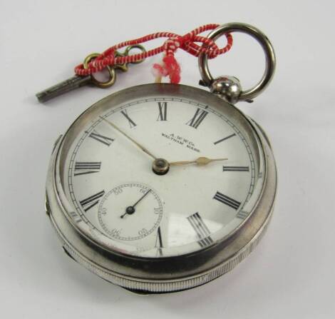 An American Watch Company silver cased gentleman's pocket watch, key wind, enamel dial bearing Roman numerals, subsidiary seconds dial, movement number 7356754, Birmingham 1896.