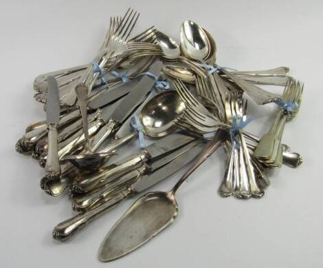 BSF plated flatware, comprising a pair of serving spoons, slice, twelve table forks and knives, spoons, and dessert forks, sauce ladle, small knife and a pair of pickle forks and five further forks, (a quantity).