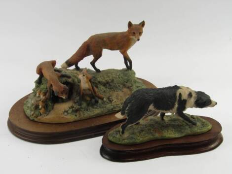 A Border Fine Arts figure group of fox and cubs, limited edition no. 242/1500, together with a Laing figure of a sheep dog. (2)