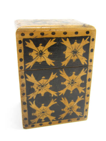 A 19thC pokerwork style playing cards box, of rectangular section decorated with flower heads and a suit of cards, 8.5cm x 6.5cm x 12.5cm.