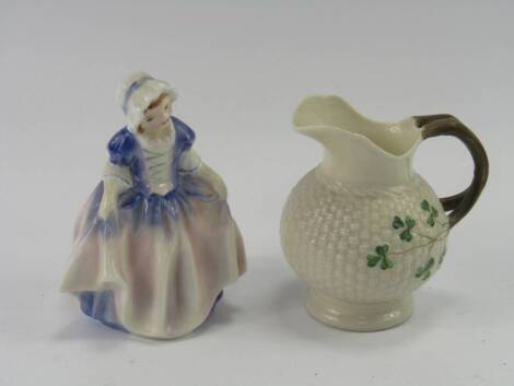 A Royal Doulton figure - Dinky Do, HN1678, and a Belleek basket ware cream jug with black back stamp. (2)