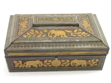 A Huntley & Palmers Indian casket biscuit tin, decorated in relief with elephants, 25.5cm x 18cm x 10cm.