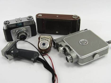 An Admica 8 cine camera, a Kodak Eastman No 1 Kodak camera, brown faux leather casing, a Hanimex Sekonic light meter, and an Ilford Sportsman camera, all cased, (4).