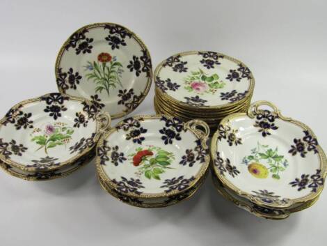 A Ridgways porcelain part dessert service, painted with flowers, early 19thC, within a cobalt blue and gilt bow and pendant floral border, comprising a pair of oval tazza, four circular tazza and twelve plates, No 3/1463.